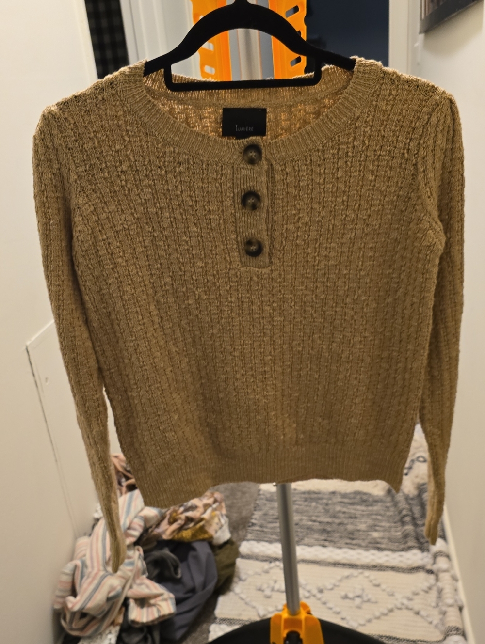 NWOT Lumiere Tan Ribbed Crewneck Sweater with Button Placket